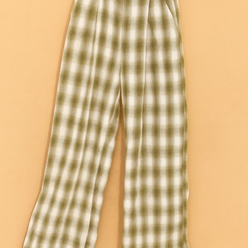 Thrills Green Woven Plaid  Wide Leg Pants